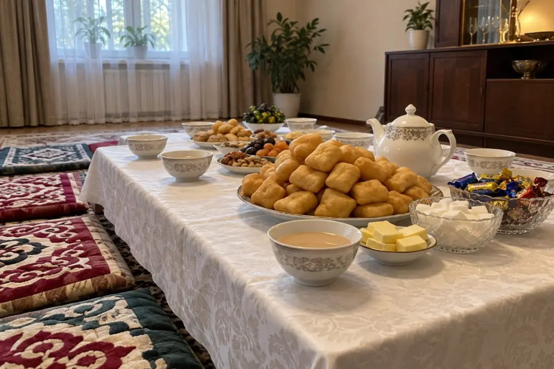 Накрытый казахский дастархан для аса: бауырсақ, пиалы с чаем