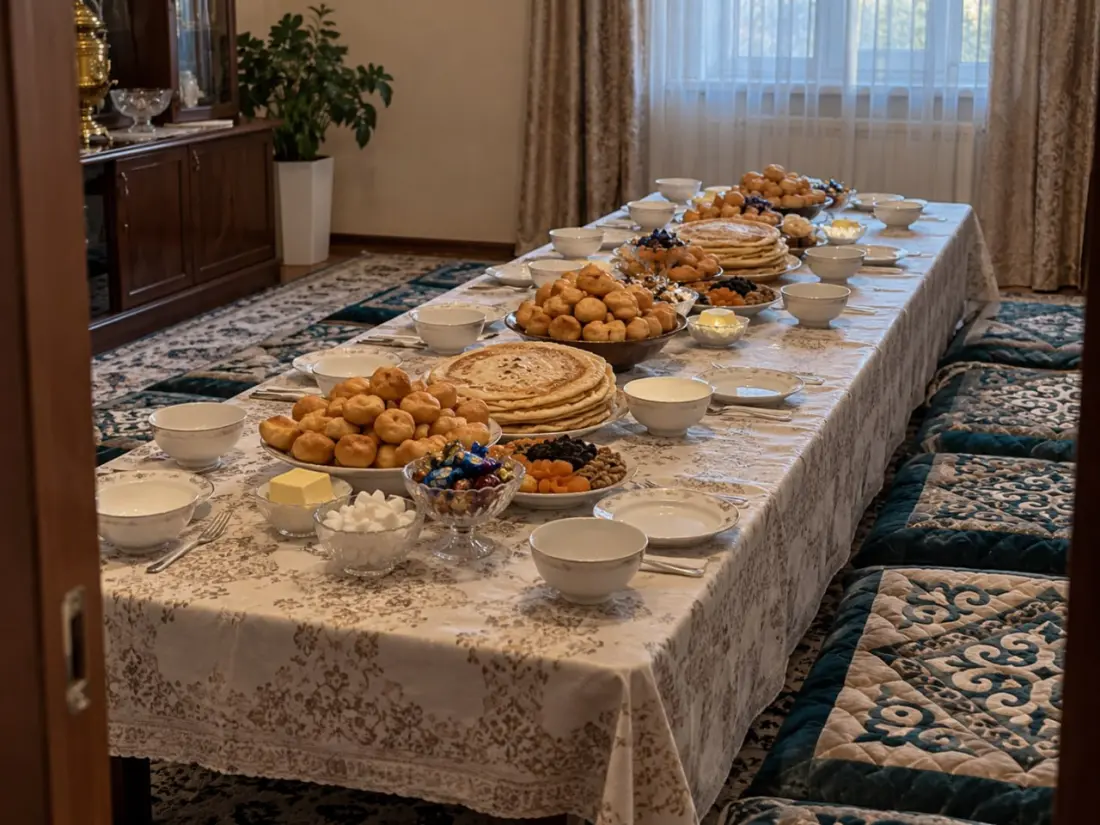 Накрытый дастархан для жылдық ас в казахском доме