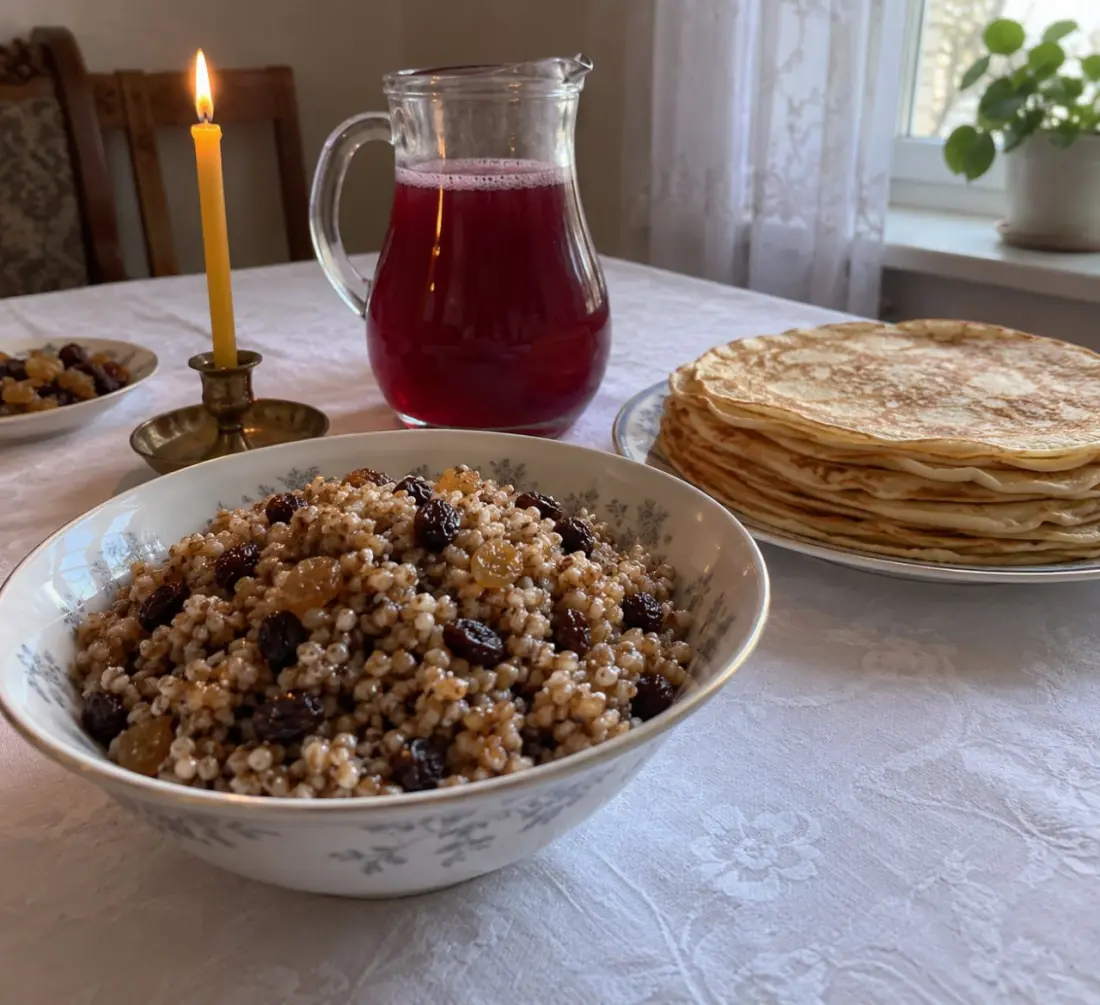Кутья в глубокой тарелке и стопка блинов на поминальном столе
