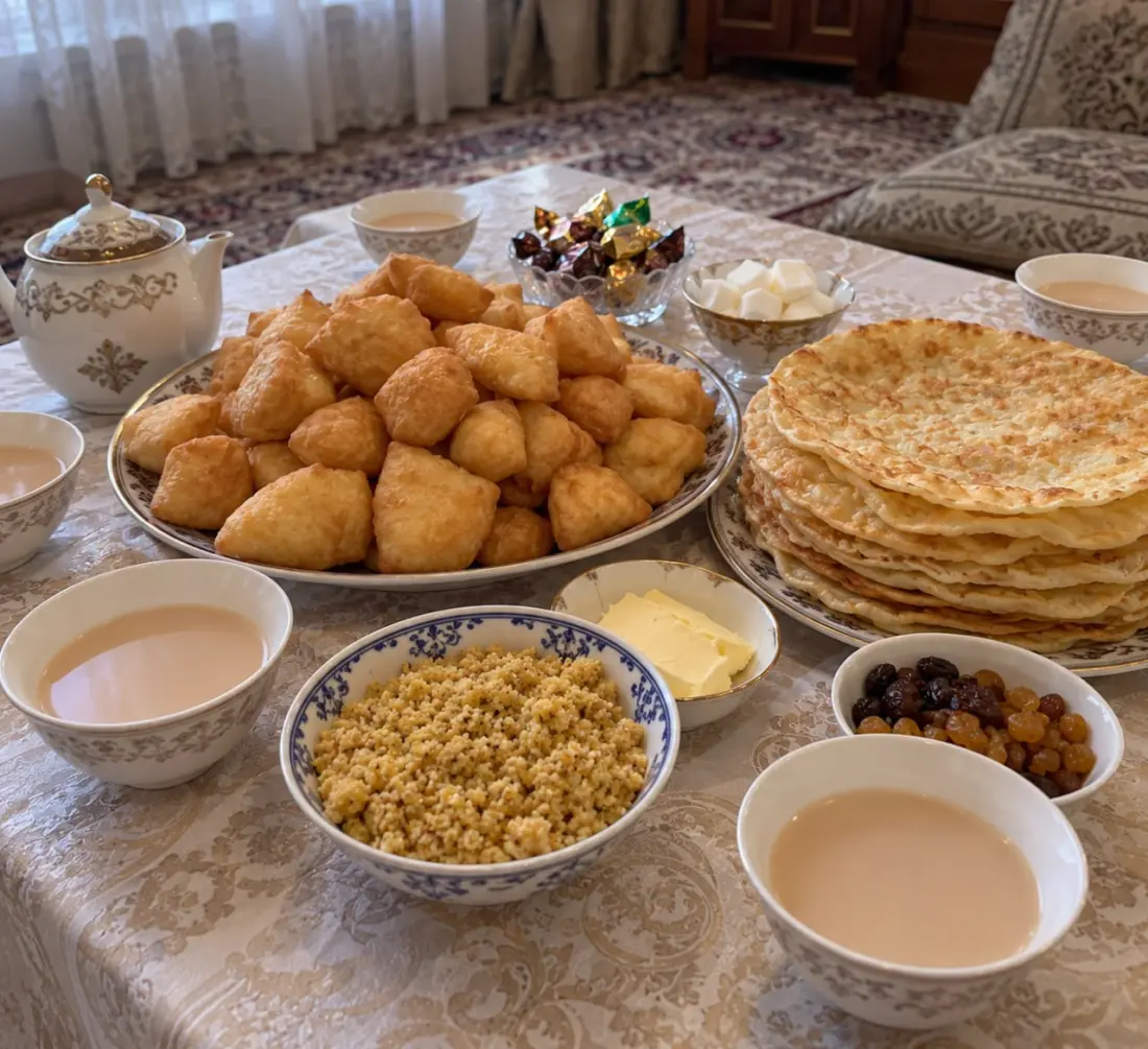 Казахский поминальный дастархан: бауырсақ, шелпек, пиала с чаем