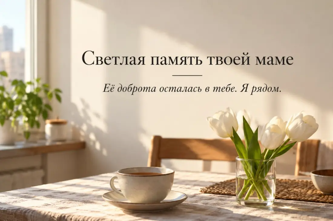 Открытка с соболезнованием по поводу смерти мамы: «Светлая память твоей маме. Её доброта осталась в тебе. Я рядом»
