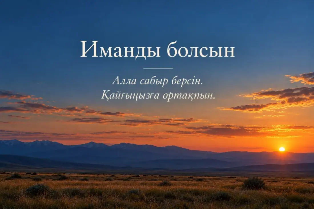 Открытка с соболезнованием на казахском: «Иманды болсын. Алла сабыр берсін. Қайғыңызға ортақпын»