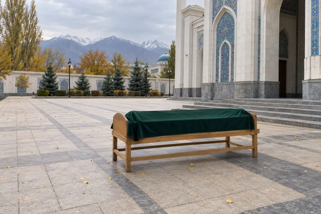 Мешіт ауласында тұрған бос ағаш табыт, үстінде жасыл мата